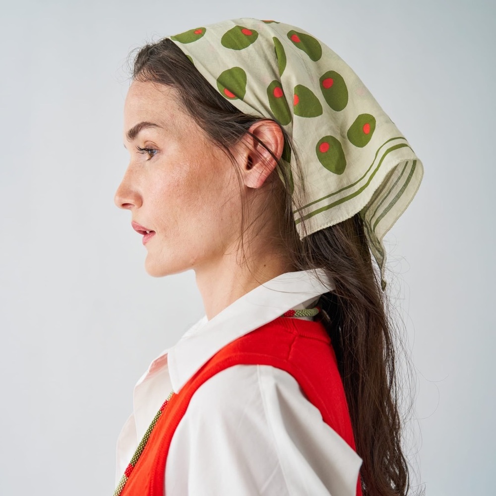 INK + ALLOY Olive print cotton square- head wrap, purse twilly, or handkerchief